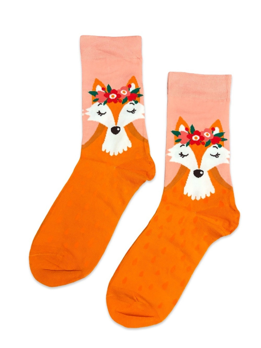 Floral Fox Novelty Crew Socks Orange Pink One Size Fits Most